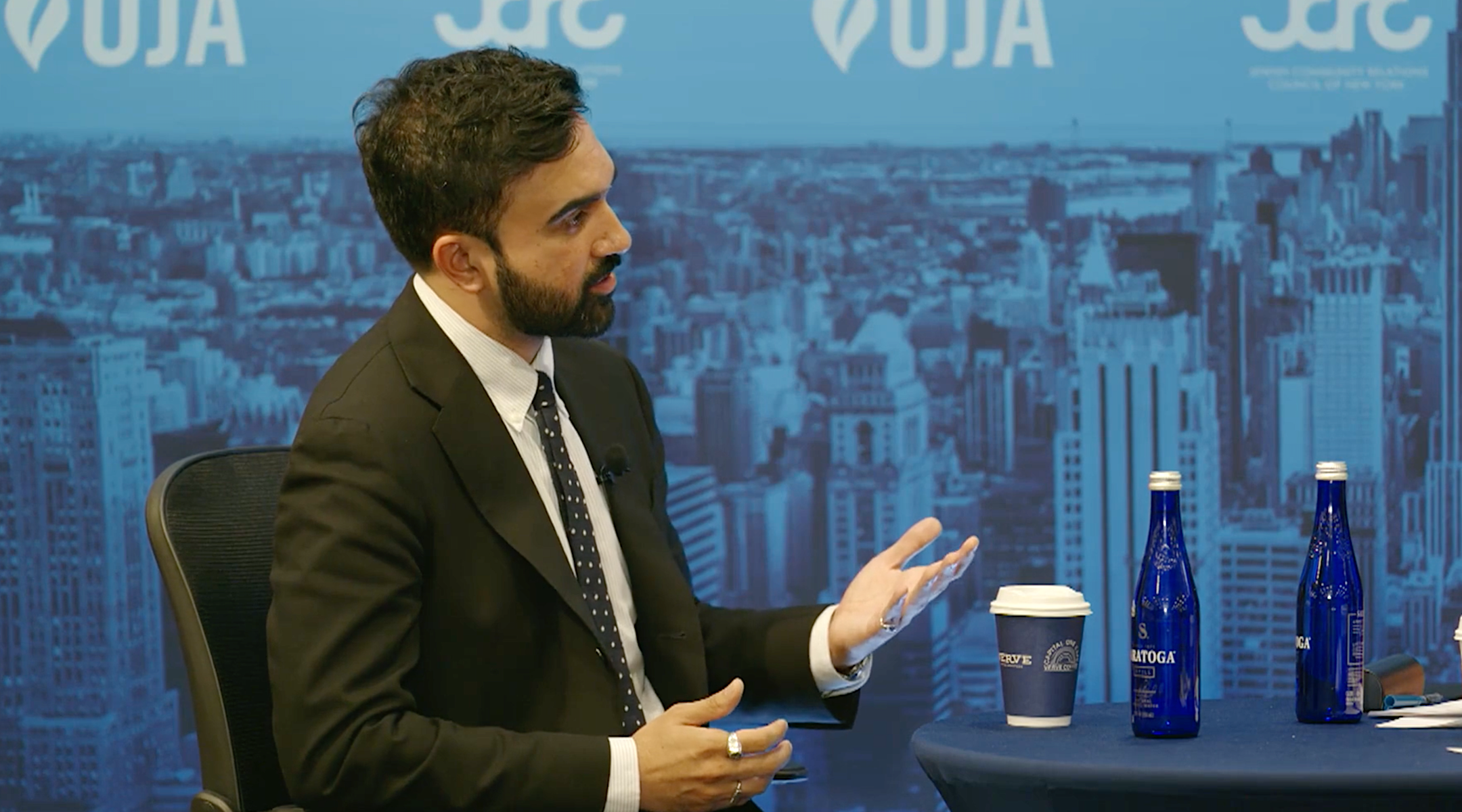 Mayoral candidate Zohran Mamdani answers questions at a town hall meeting sponsored by UJA-Federation of New York and its Jewish Community Relations Council, Manhattan, May 22, 2025. (Screenshot)